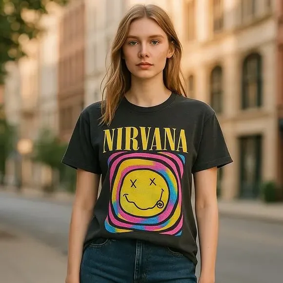 NIRVANA Smiley Large Black Psychedelic Colorful Graphic Band T-Shirt Medium (?) - Picture 1 of 4